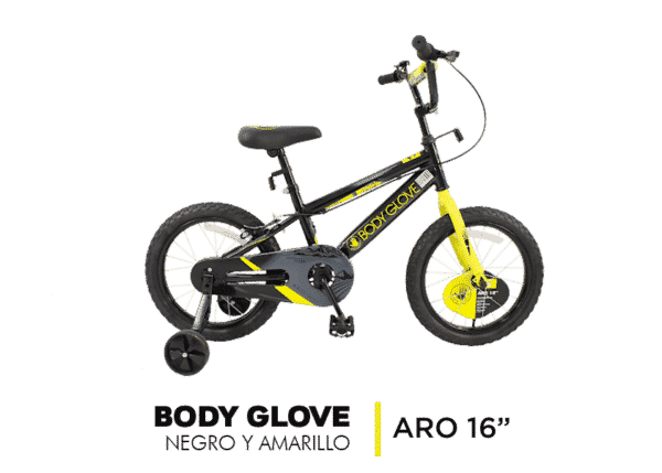 Bicicleta Body Glove Negro y Amarillo Aro 16"